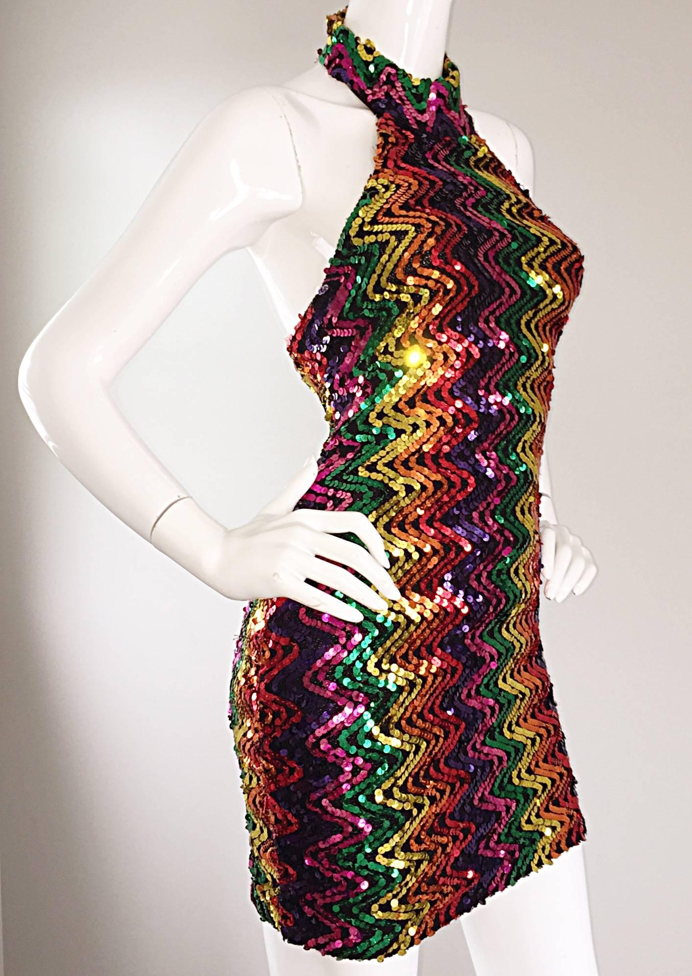 Sexy 1990s Rainbow Sequined French Bodycon Vintage Knit 90s Halter Mini ...