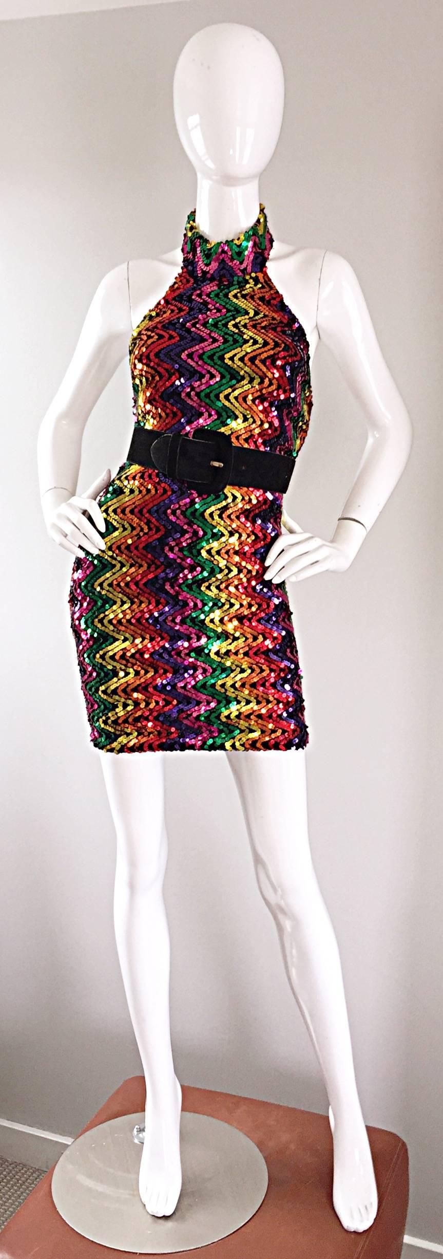 Sexy 1990s Rainbow Sequined French Bodycon Vintage Knit 90s Halter Mini ...