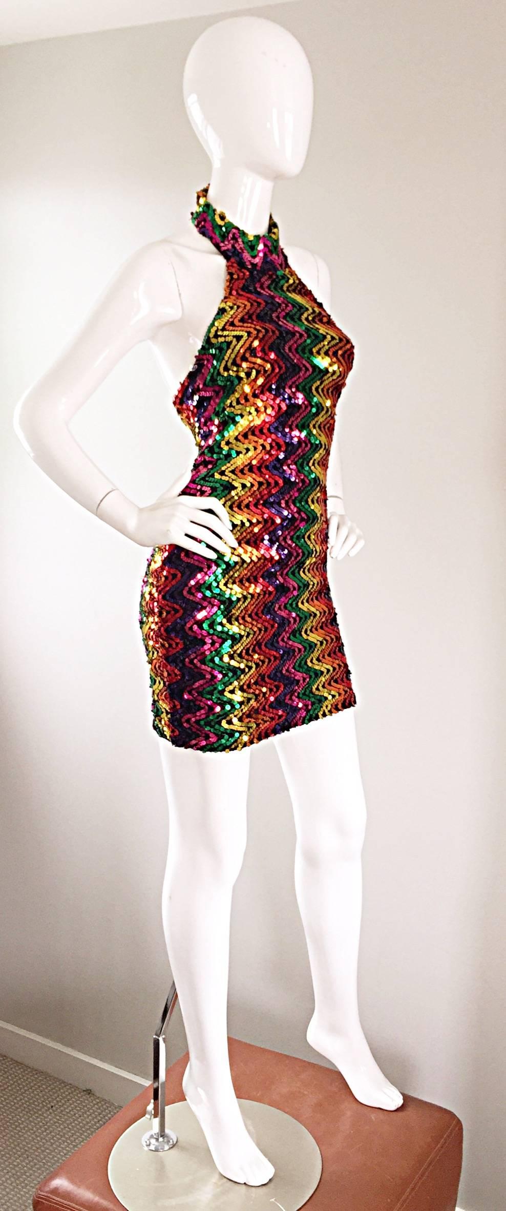 Black Sexy 1990s Rainbow Sequined French Bodycon Vintage Knit 90s Halter Mini Dress