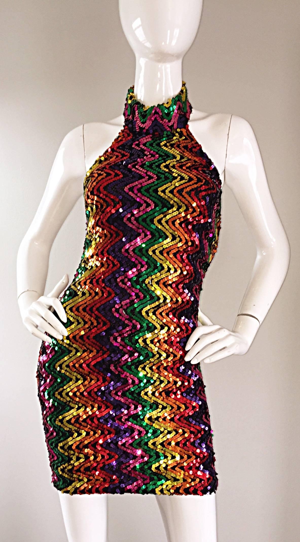 Sexy 1990s Rainbow Sequined French Bodycon Vintage Knit 90s Halter Mini Dress In Excellent Condition In San Diego, CA