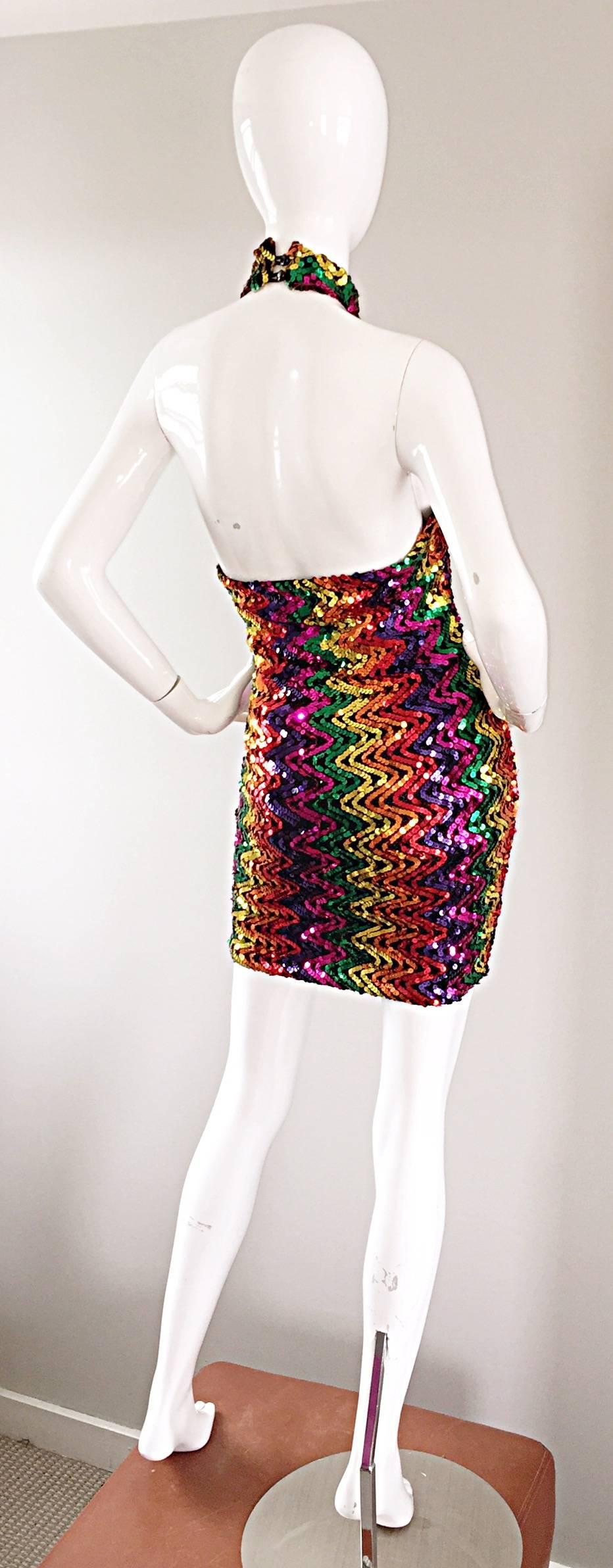 Women's Sexy 1990s Rainbow Sequined French Bodycon Vintage Knit 90s Halter Mini Dress