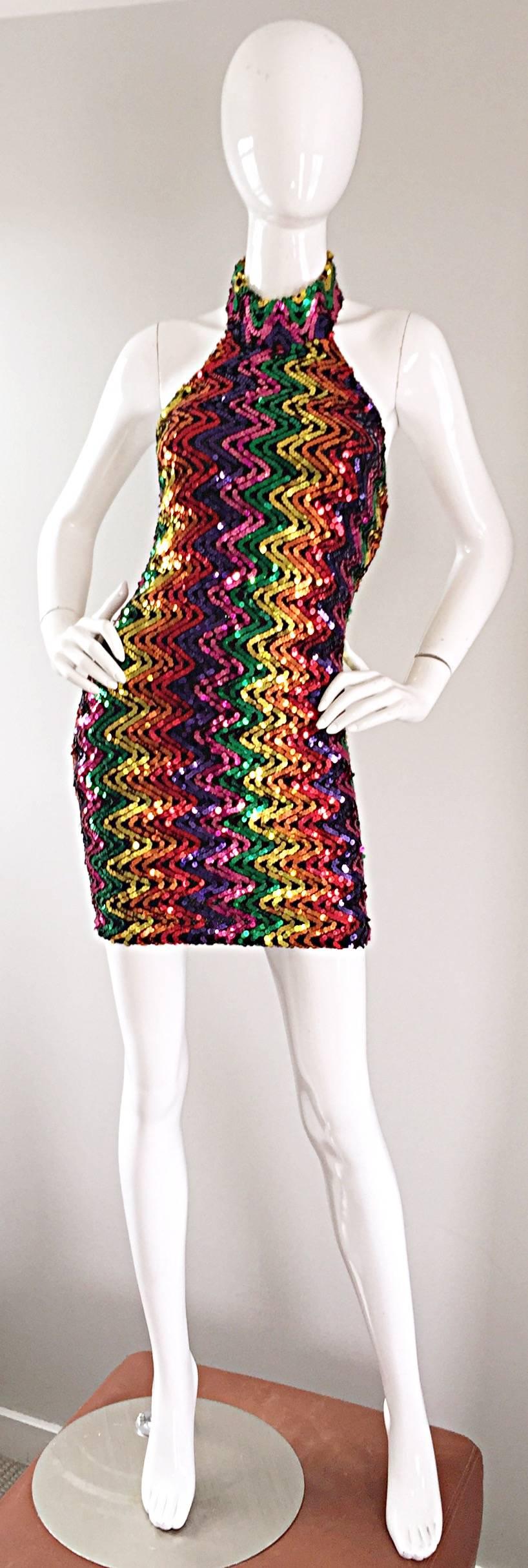 Sexy 1990s Rainbow Sequined French Bodycon Vintage Knit 90s Halter Mini Dress 1