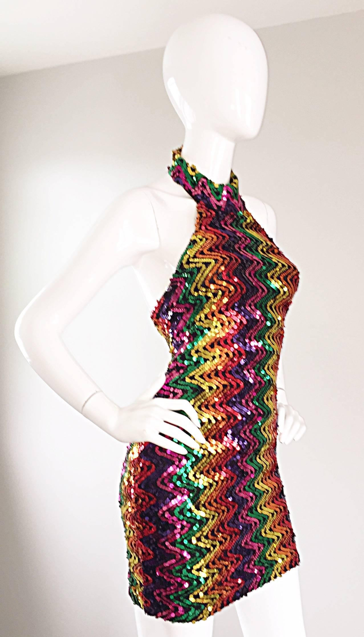 Sexy 1990s Rainbow Sequined French Bodycon Vintage Knit 90s Halter Mini Dress 2