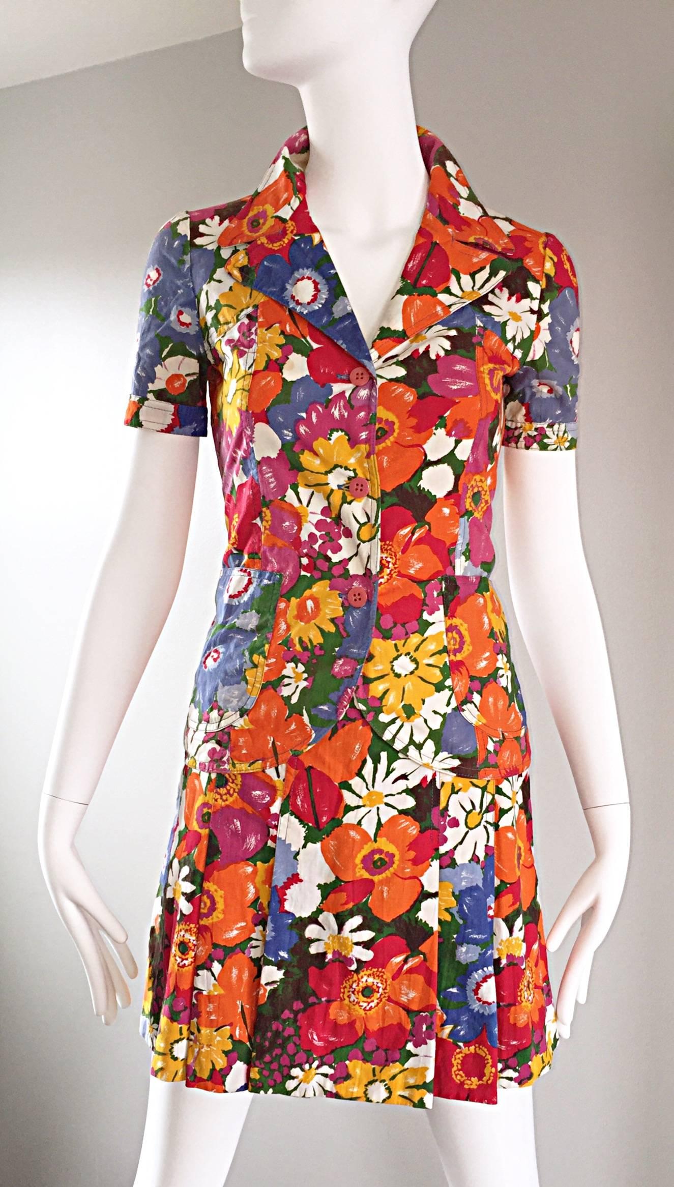 Orange 1960s Zibaut French Mod Colorful Flower Cotton Blouse & Skirt Vintage Dress Set For Sale