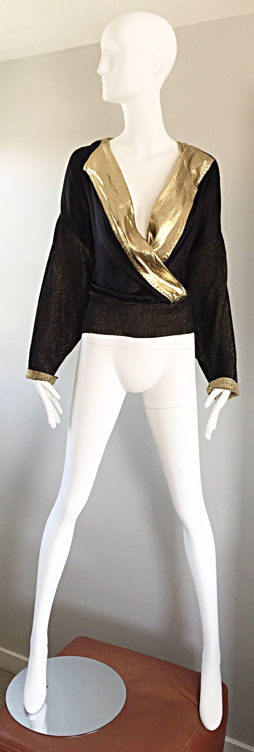 Sexy vintage GIANFRANCO FERRE black and gold silk lame slouchy plunging Avant Garde knit top! Features a black and gold lurex knit bodice with a cold silk lame plunging collar. Gold silk lame is brilliantly sewn as the lining and peaks through the