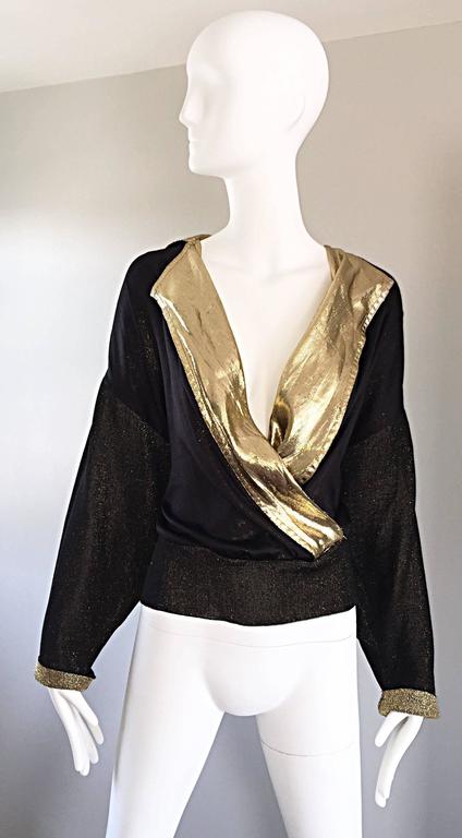 Gianfranco Ferre Vintage Black and Gold Silk Lame Knit Plunging Blouse ...