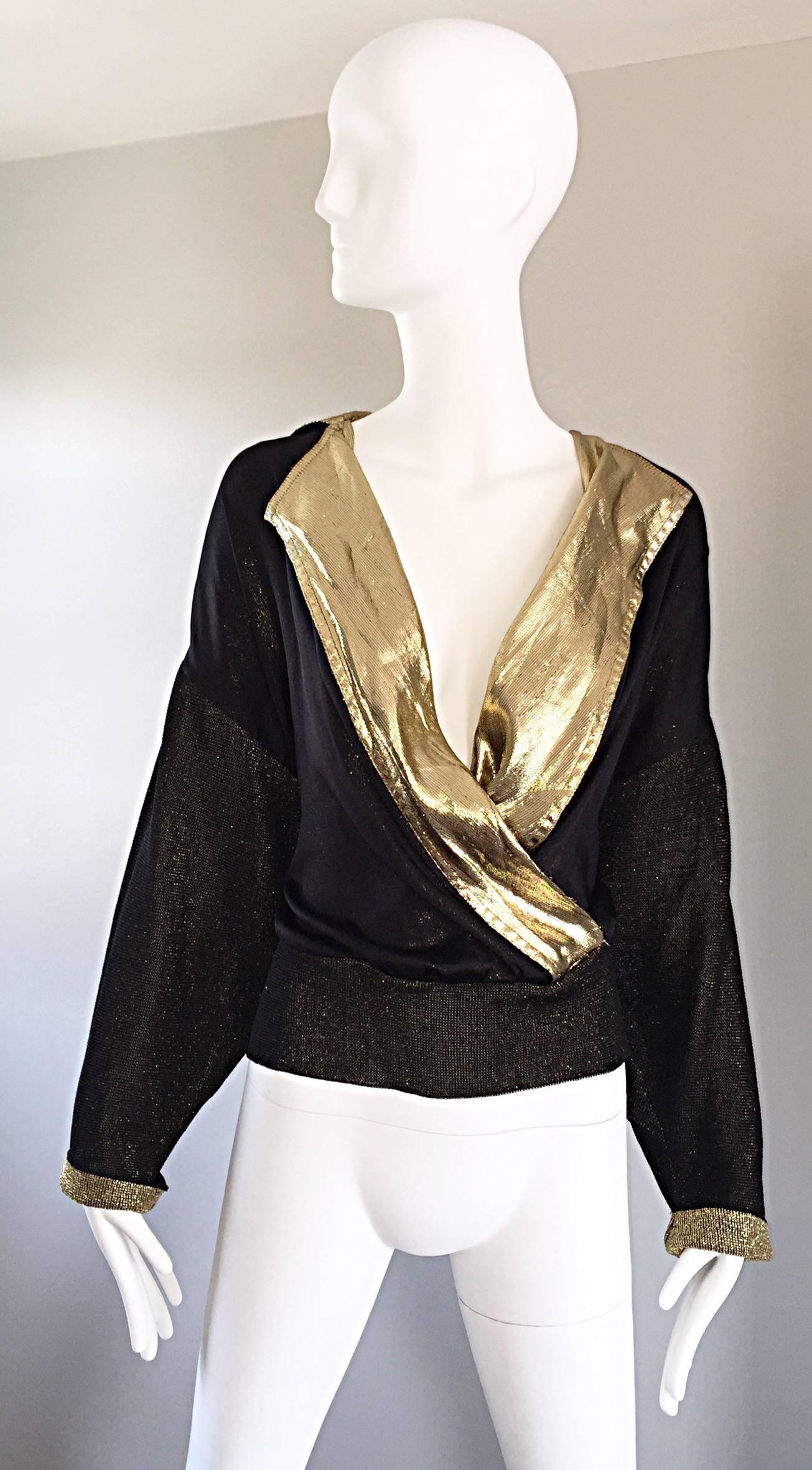 Women's Gianfranco Ferre Vintage Black and Gold Silk Lame Knit Plunging Blouse Top
