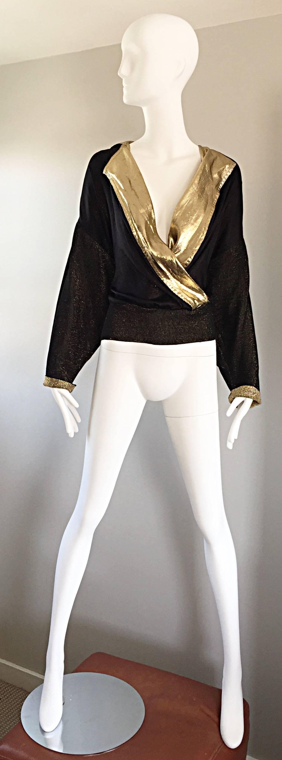 Gianfranco Ferre Vintage Black and Gold Silk Lame Knit Plunging Blouse Top 2