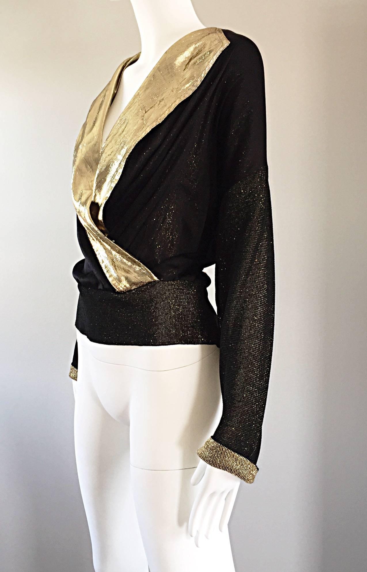 Gianfranco Ferre Vintage Black and Gold Silk Lame Knit Plunging Blouse Top In Excellent Condition In San Diego, CA