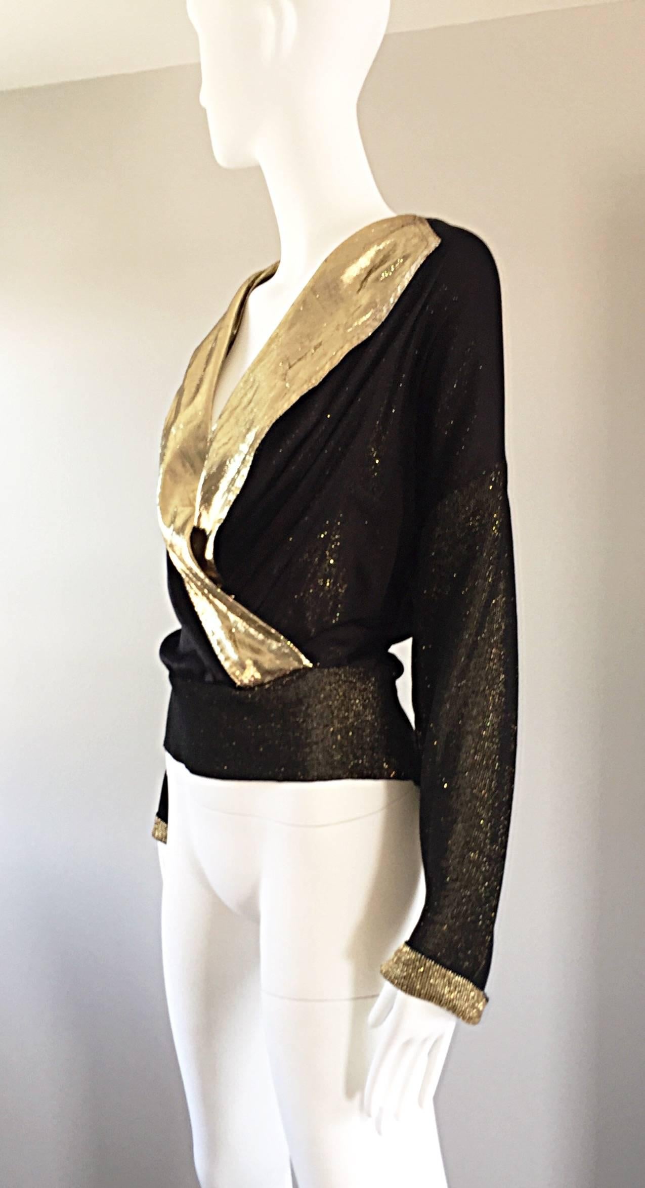 Gianfranco Ferre Vintage Black and Gold Silk Lame Knit Plunging Blouse Top 1