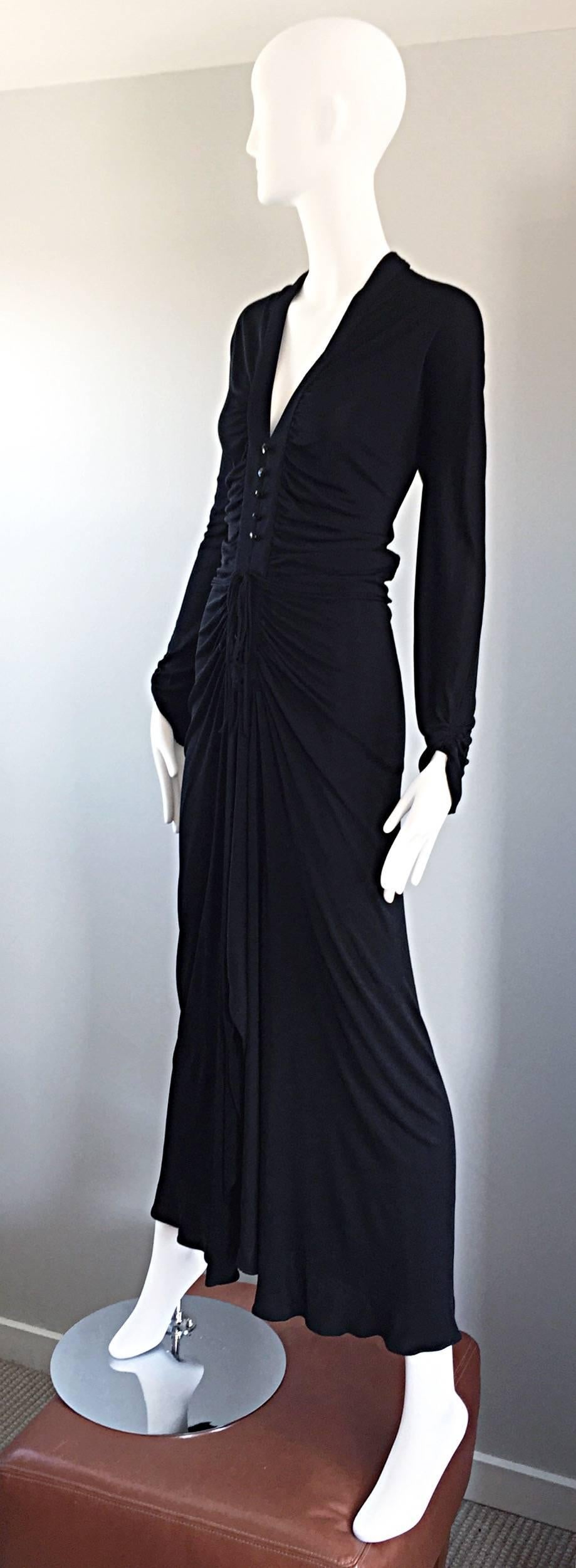 Nina Ricci Vintage 1970s Long Sleeve Jersey Grecian Inspired Black Disco Dress For Sale 1