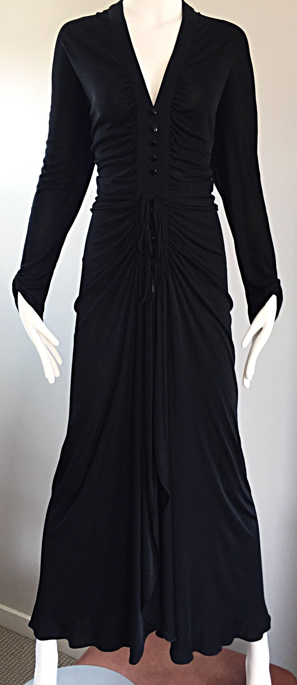 Women's Nina Ricci Vintage 1970s Long Sleeve Jersey Grecian Inspired Black Disco Dress For Sale