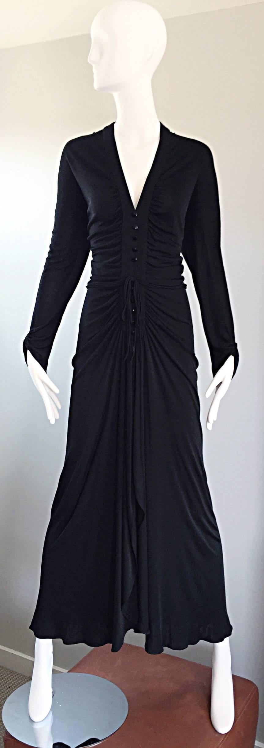 Nina Ricci Vintage 1970s Long Sleeve Jersey Grecian Inspired Black Disco Dress For Sale 2