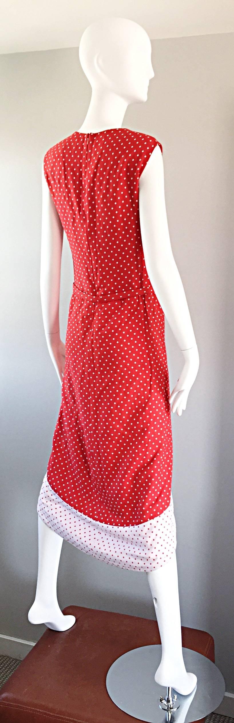 1960s Pierre Cardin Couture Vintage Space Age Red White Polka Dot Cut Out Dress For Sale 1