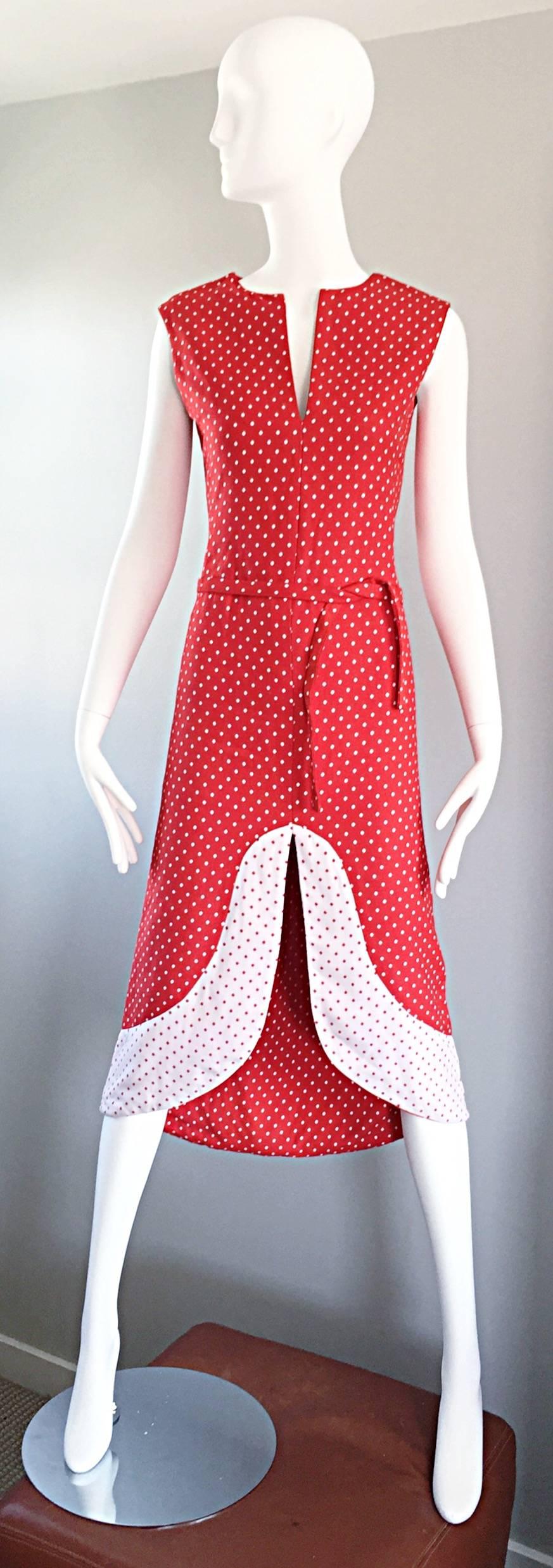 1960s Pierre Cardin Couture Vintage Space Age Red White Polka Dot Cut Out Dress For Sale 2