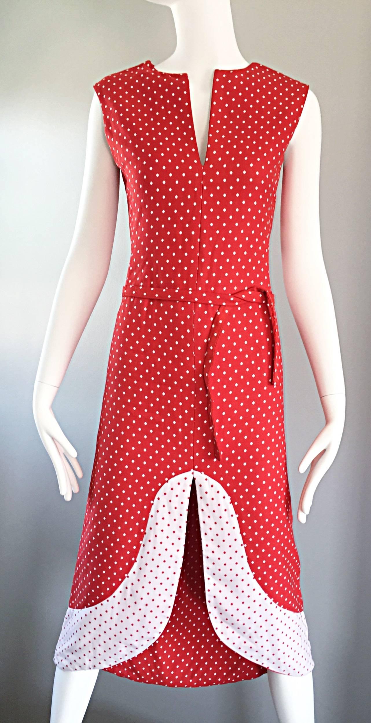 Women's 1960s Pierre Cardin Couture Vintage Space Age Red White Polka Dot Cut Out Dress For Sale