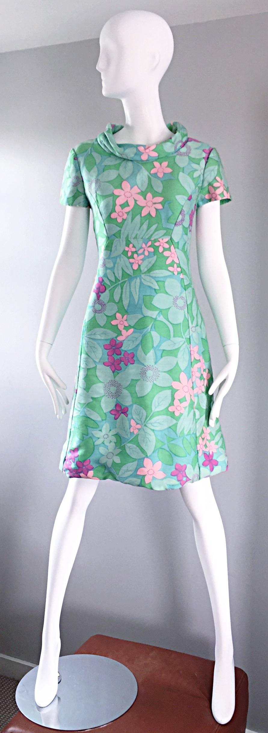 Chic Vintage Adele Simpson 1960s Pastel Flower Print Silk 60s A - Line Dress 3
