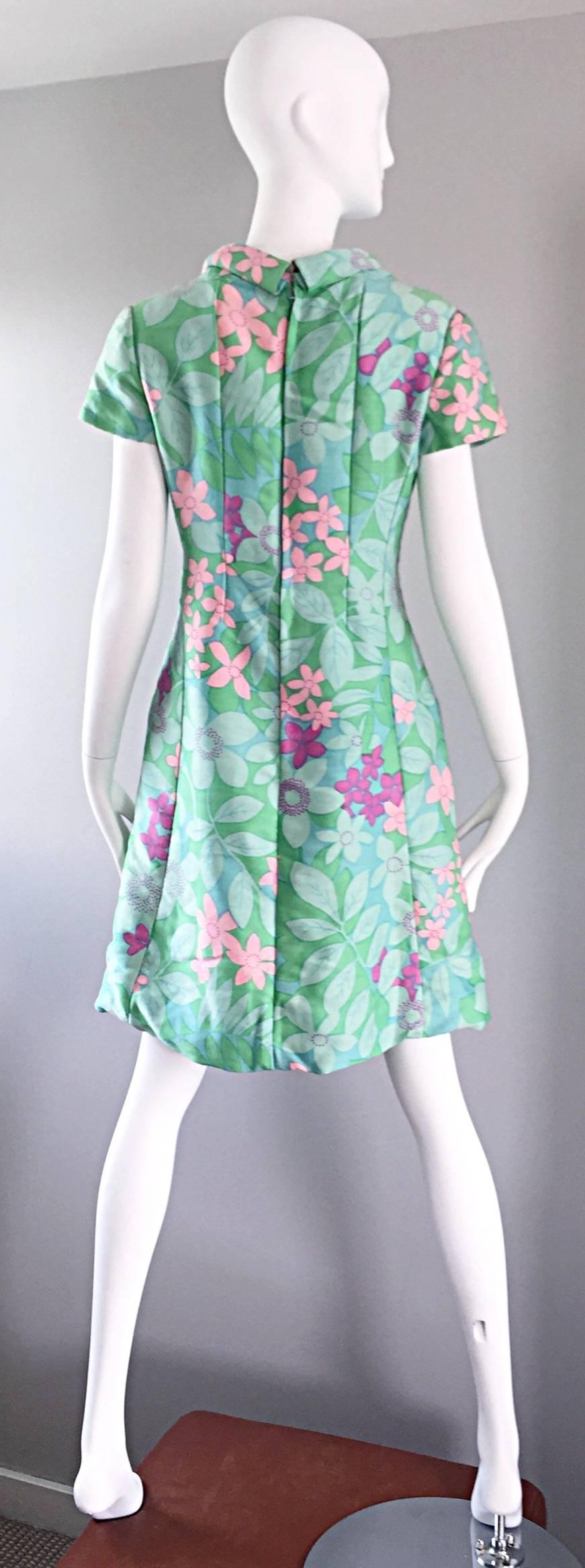 Chic Vintage Adele Simpson 1960s Pastel Flower Print Silk 60s A - Line Dress 2