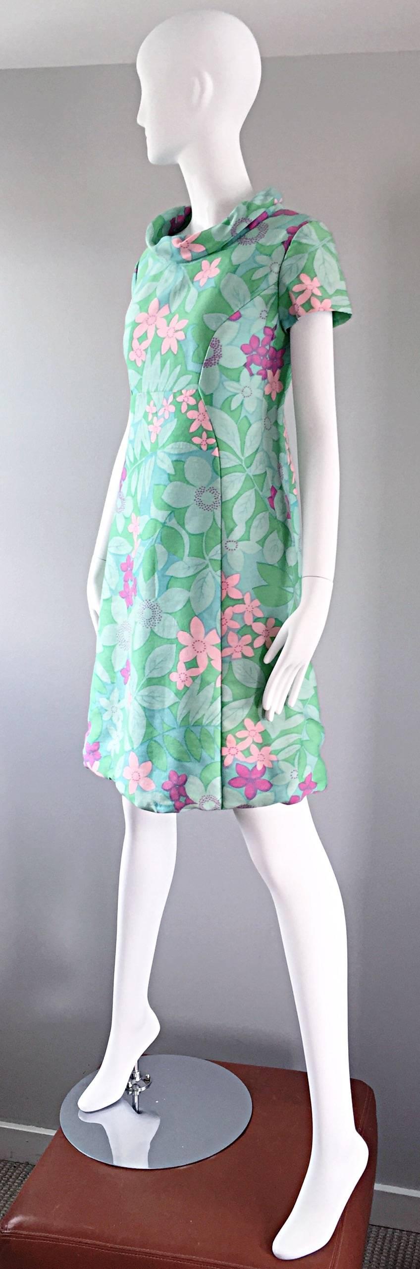 Blue Chic Vintage Adele Simpson 1960s Pastel Flower Print Silk 60s A - Line Dress