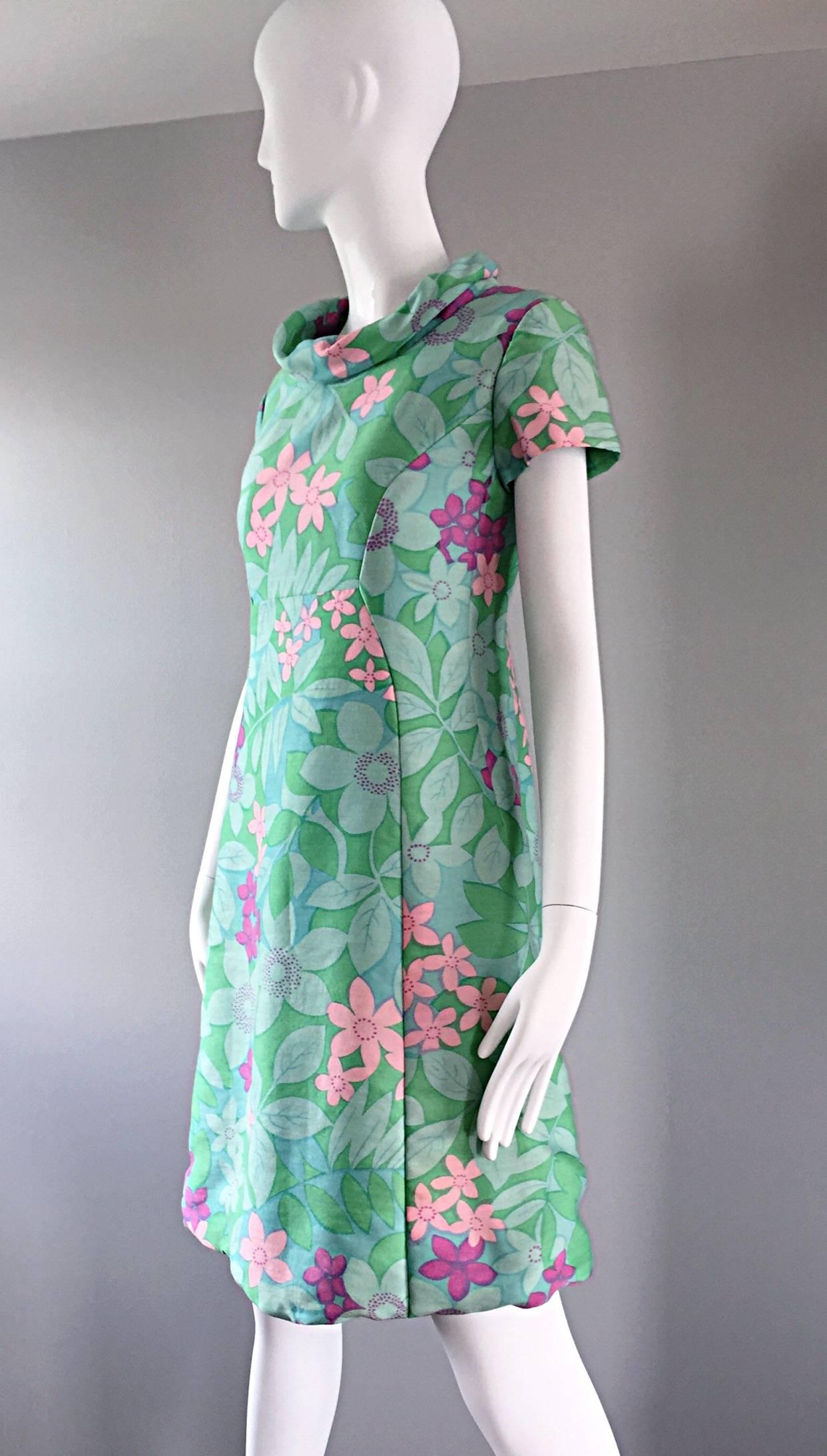 Chic Vintage Adele Simpson 1960s Pastel Flower Print Silk 60s A - Line Dress 1