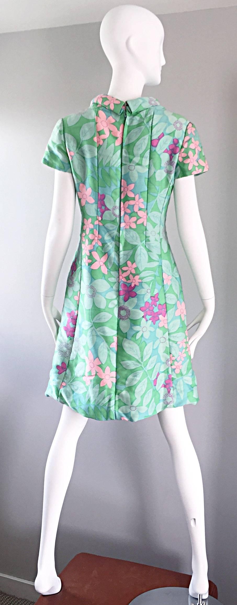 Women's Chic Vintage Adele Simpson 1960s Pastel Flower Print Silk 60s A - Line Dress
