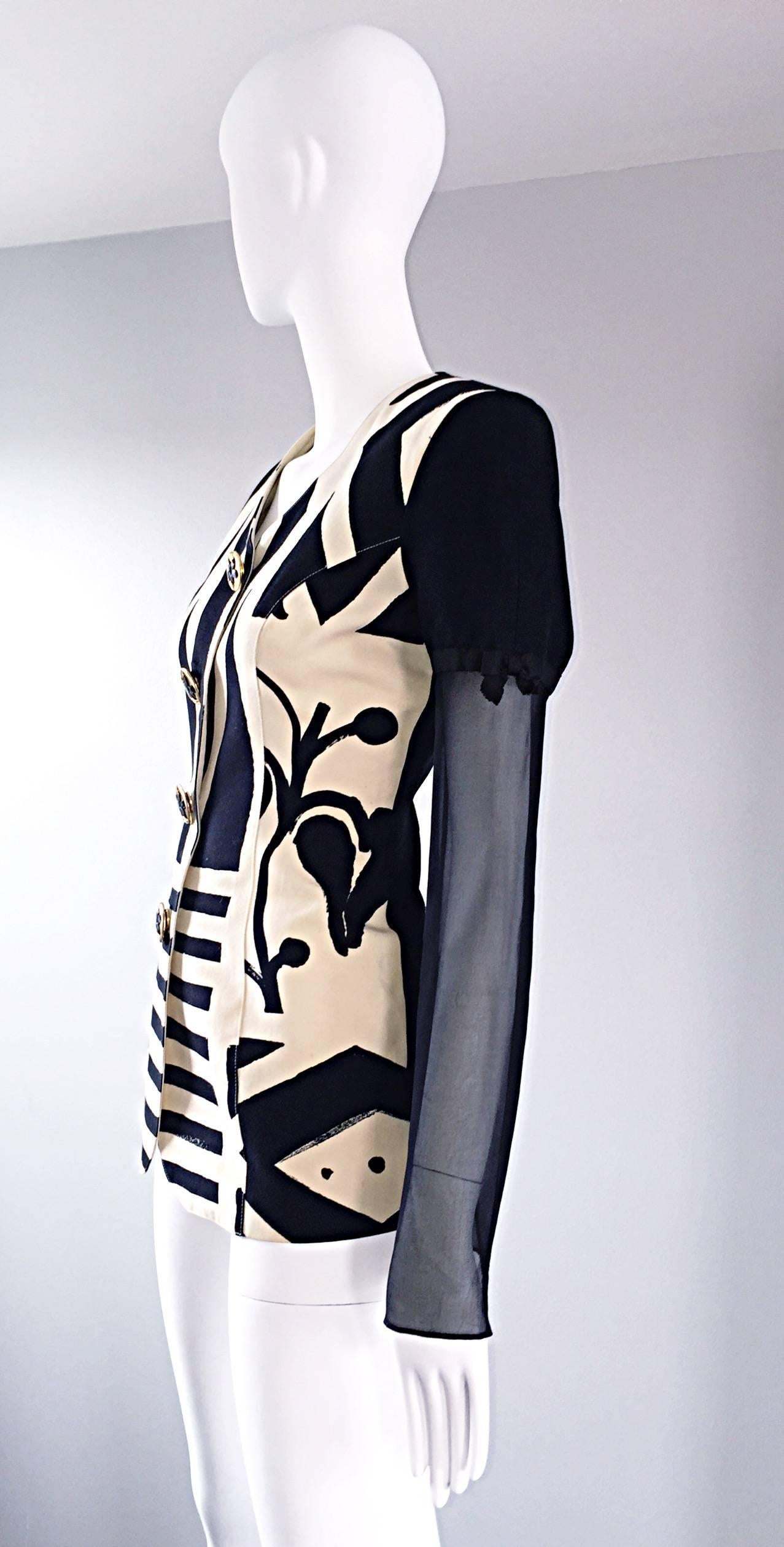 Women's Vintage Gemma Kahng Sz 4 Black White 1990s Avant Garde Jacket w/ Chiffon Sleeves