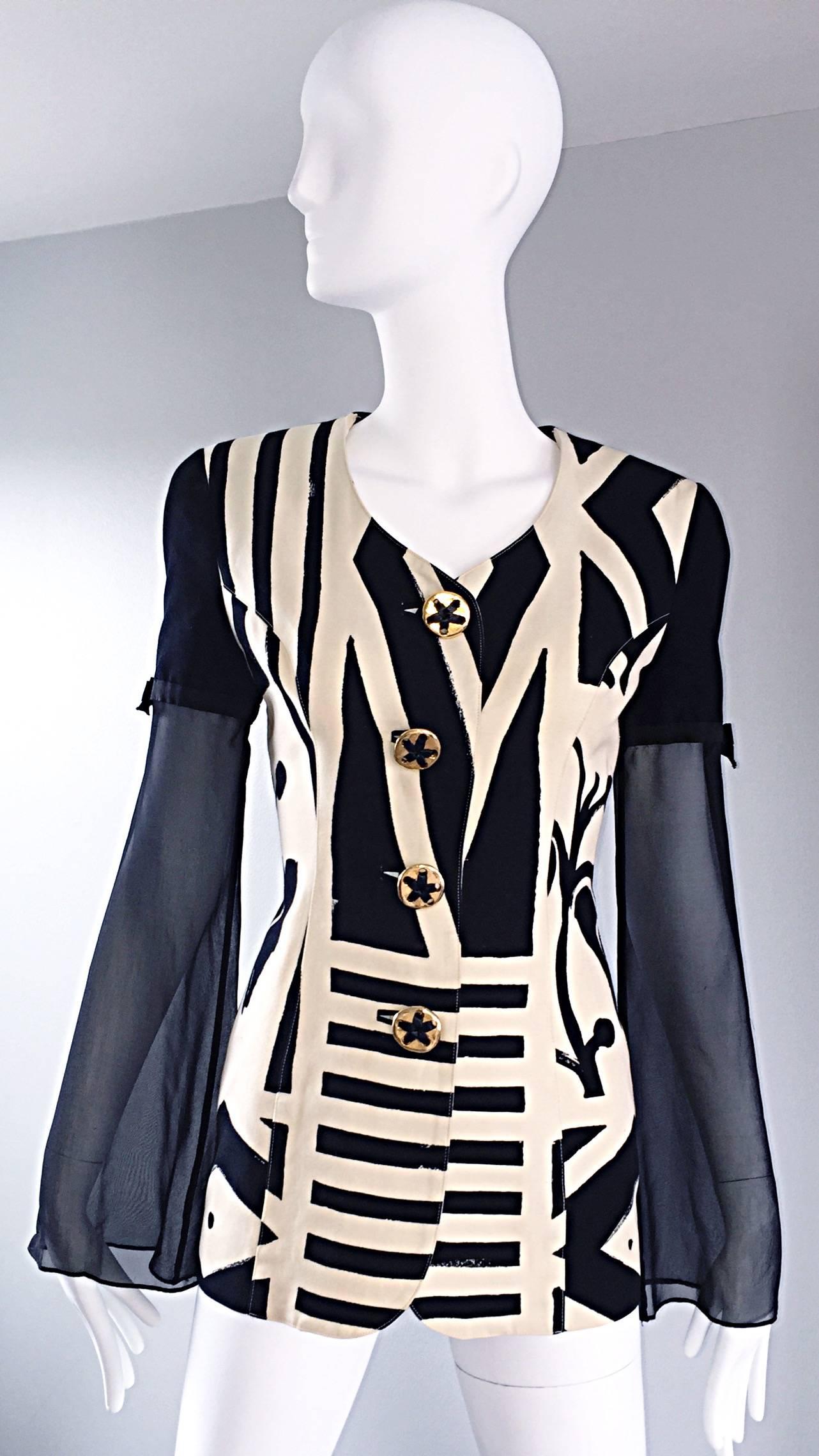 Vintage Gemma Kahng Sz 4 Black White 1990s Avant Garde Jacket w/ Chiffon Sleeves In Excellent Condition In San Diego, CA