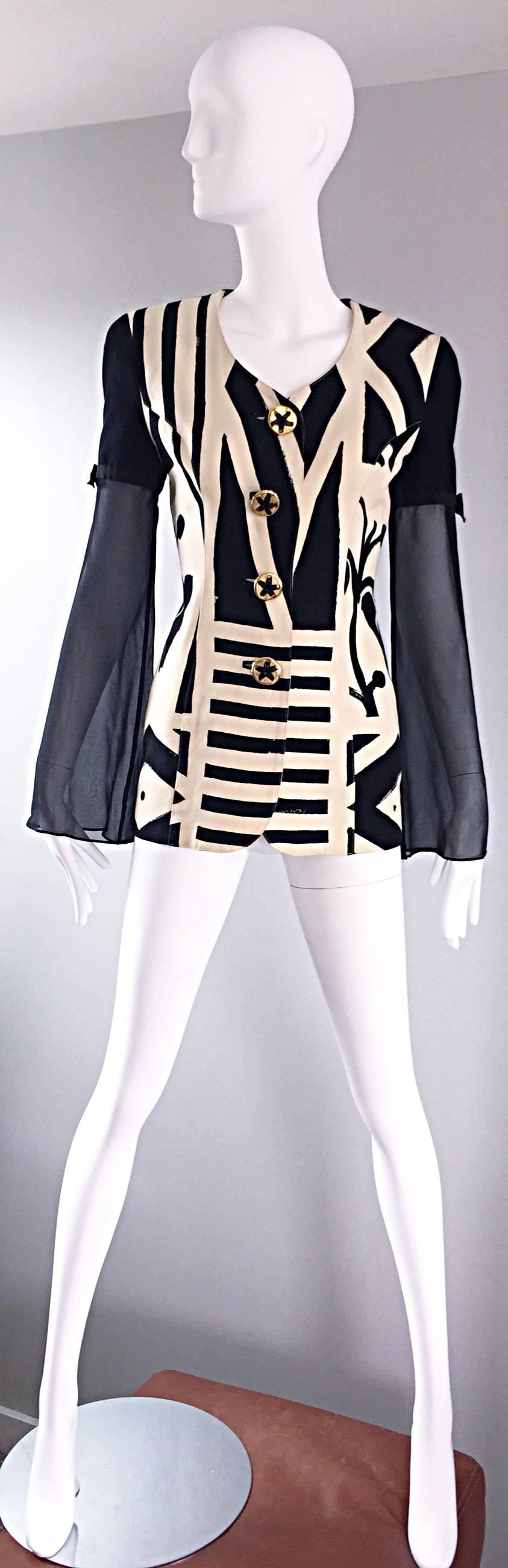 Vintage Gemma Kahng Sz 4 Black White 1990s Avant Garde Jacket w/ Chiffon Sleeves 3