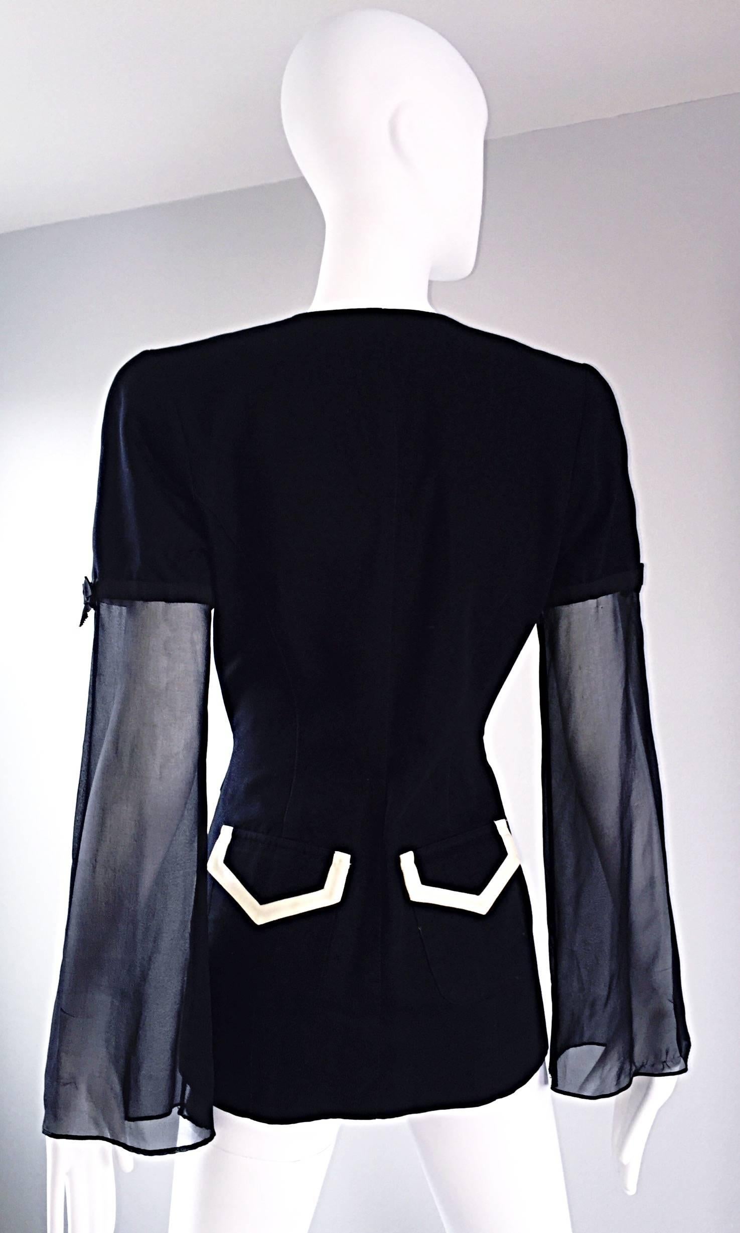 Vintage Gemma Kahng Sz 4 Black White 1990s Avant Garde Jacket w/ Chiffon Sleeves 2