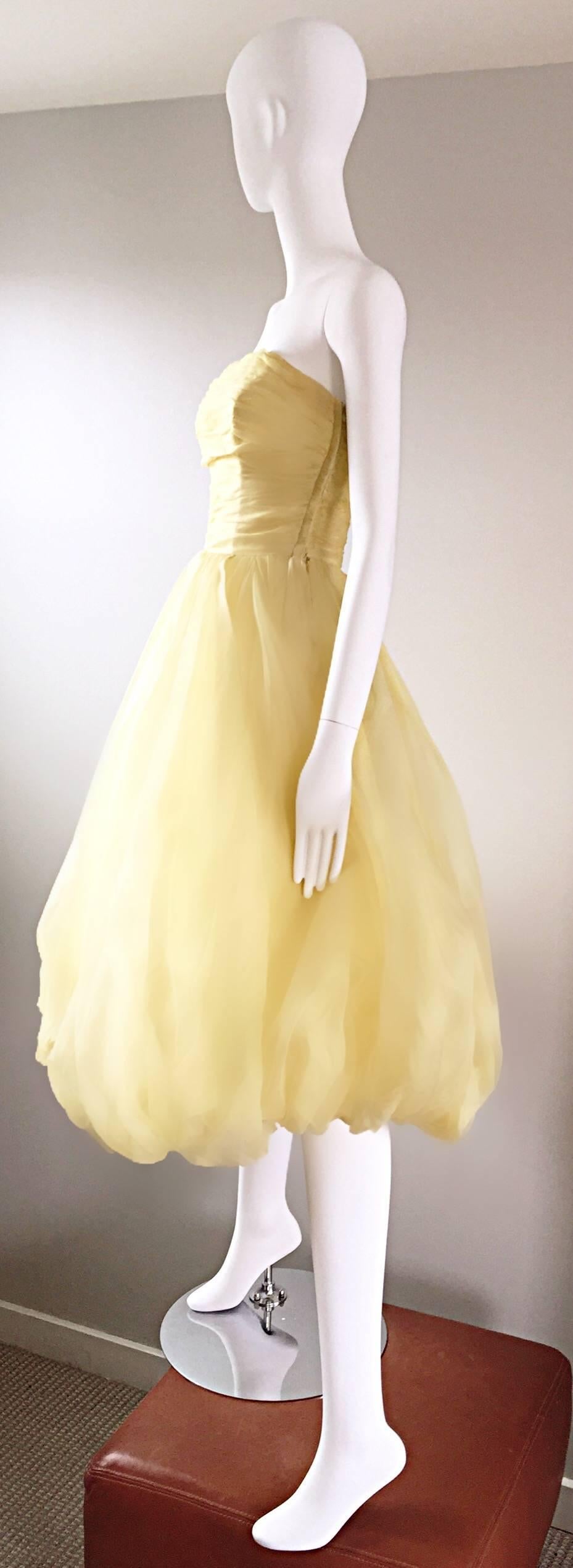 Beige Vintage 1950s Lemon Pale Yellow Demi Couture Strapless Silk 50s Bubble Dress 