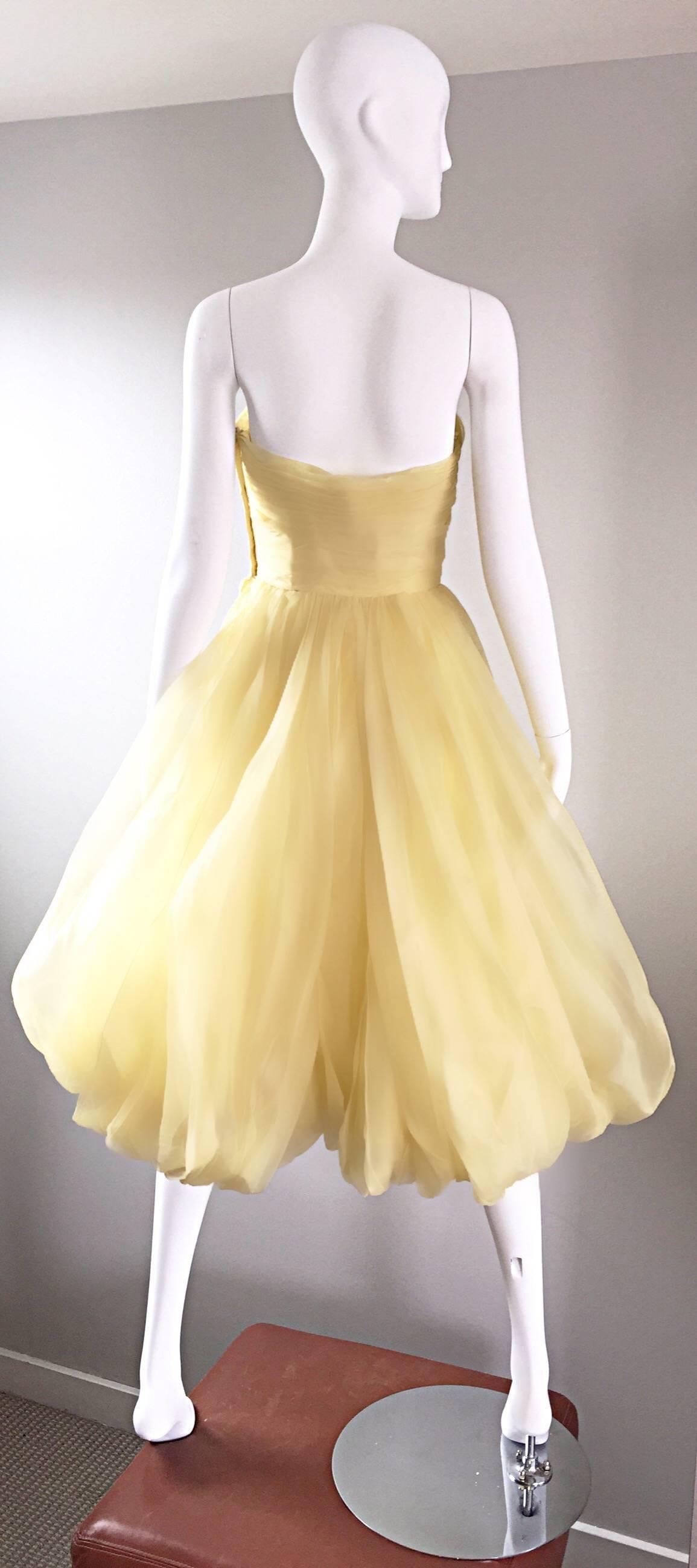 Vintage 1950s Lemon Pale Yellow Demi Couture Strapless Silk 50s Bubble Dress  In Excellent Condition In San Diego, CA