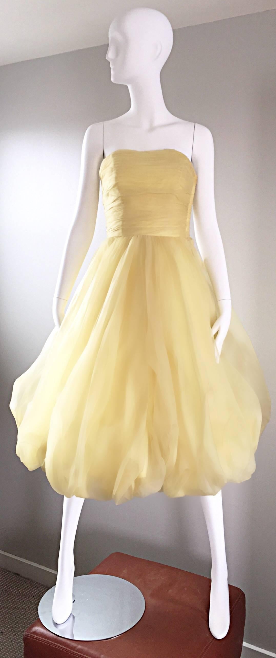 Women's Vintage 1950s Lemon Pale Yellow Demi Couture Strapless Silk 50s Bubble Dress 
