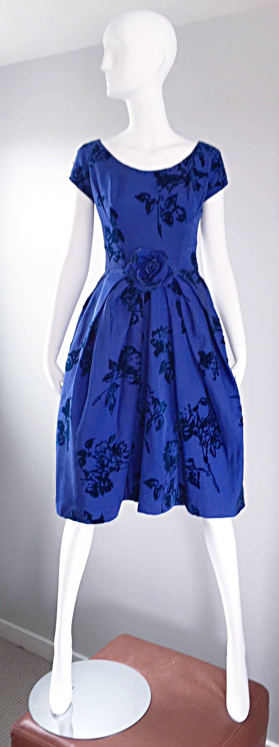 Exceptional vintage 1950s demi couture royal blue silk and cut-out velvet fit n' flare (New Look) cocktail dress and crinoline by MISS BROOKS! Words cannot even begin to describe how utterly gorgeous this dress is! Striking royal blue color with