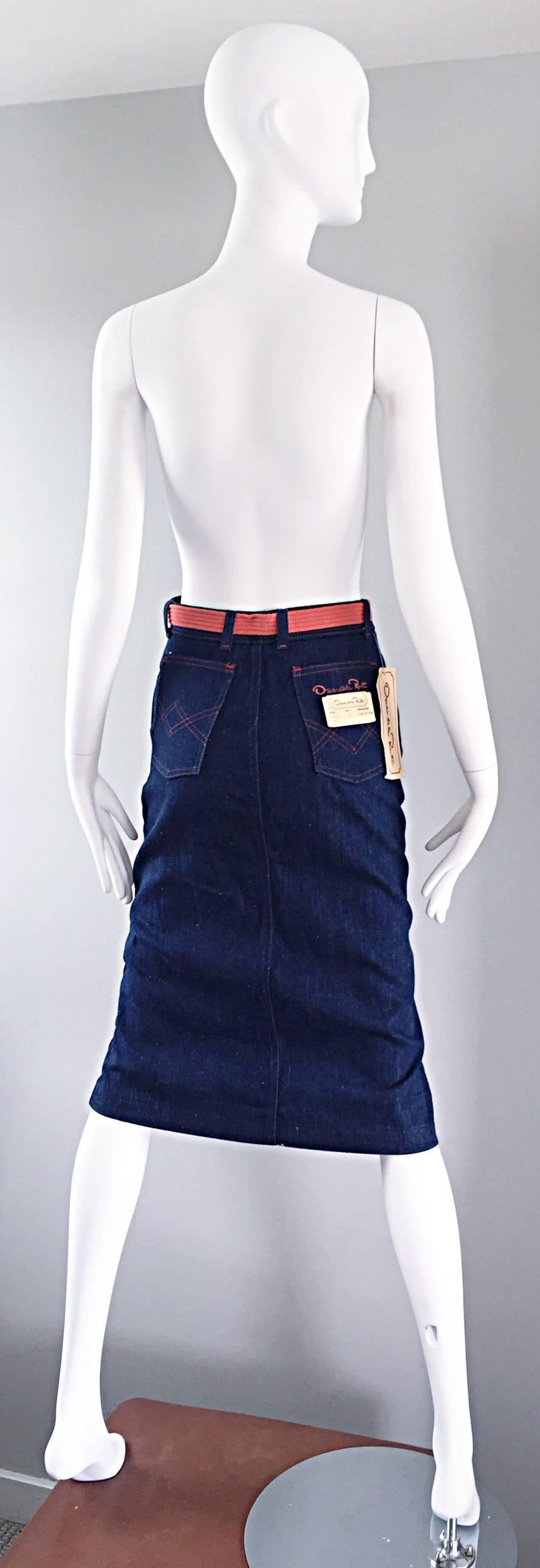 Women's 1970s Oscar de la Renta Deadstock Blue Jean Belted Vintage Denim Pencil Skirt For Sale