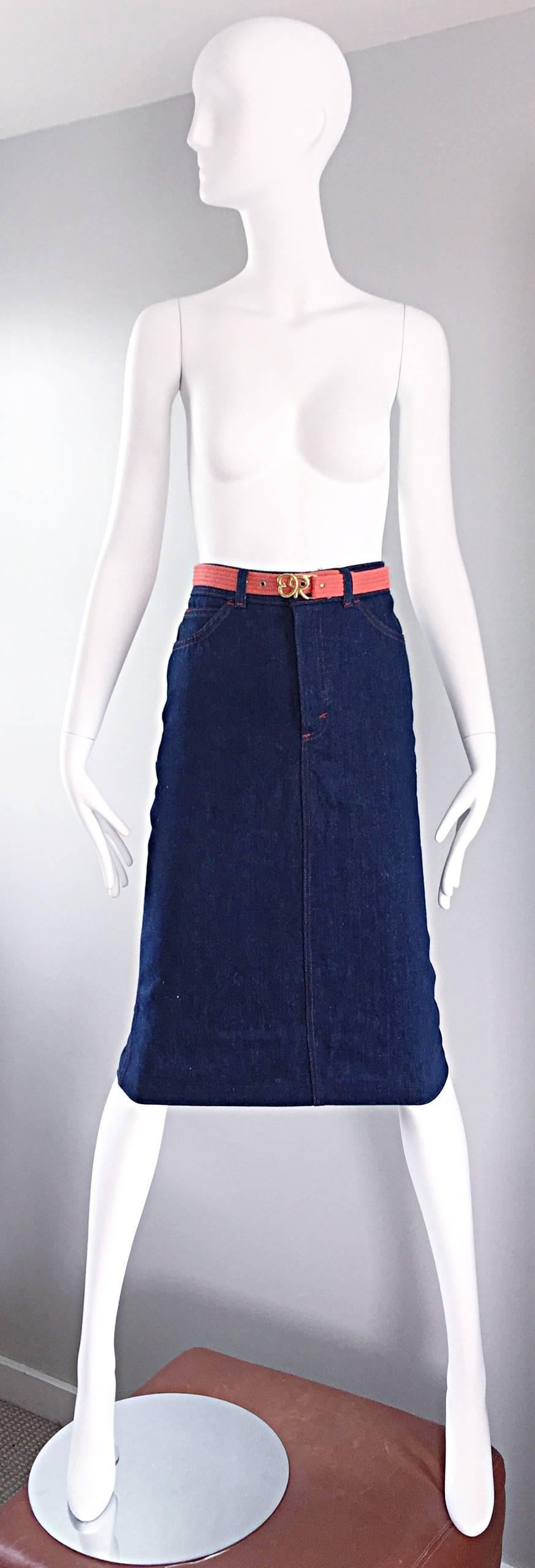 1970s Oscar de la Renta Deadstock Blue Jean Belted Vintage Denim Pencil Skirt For Sale 1