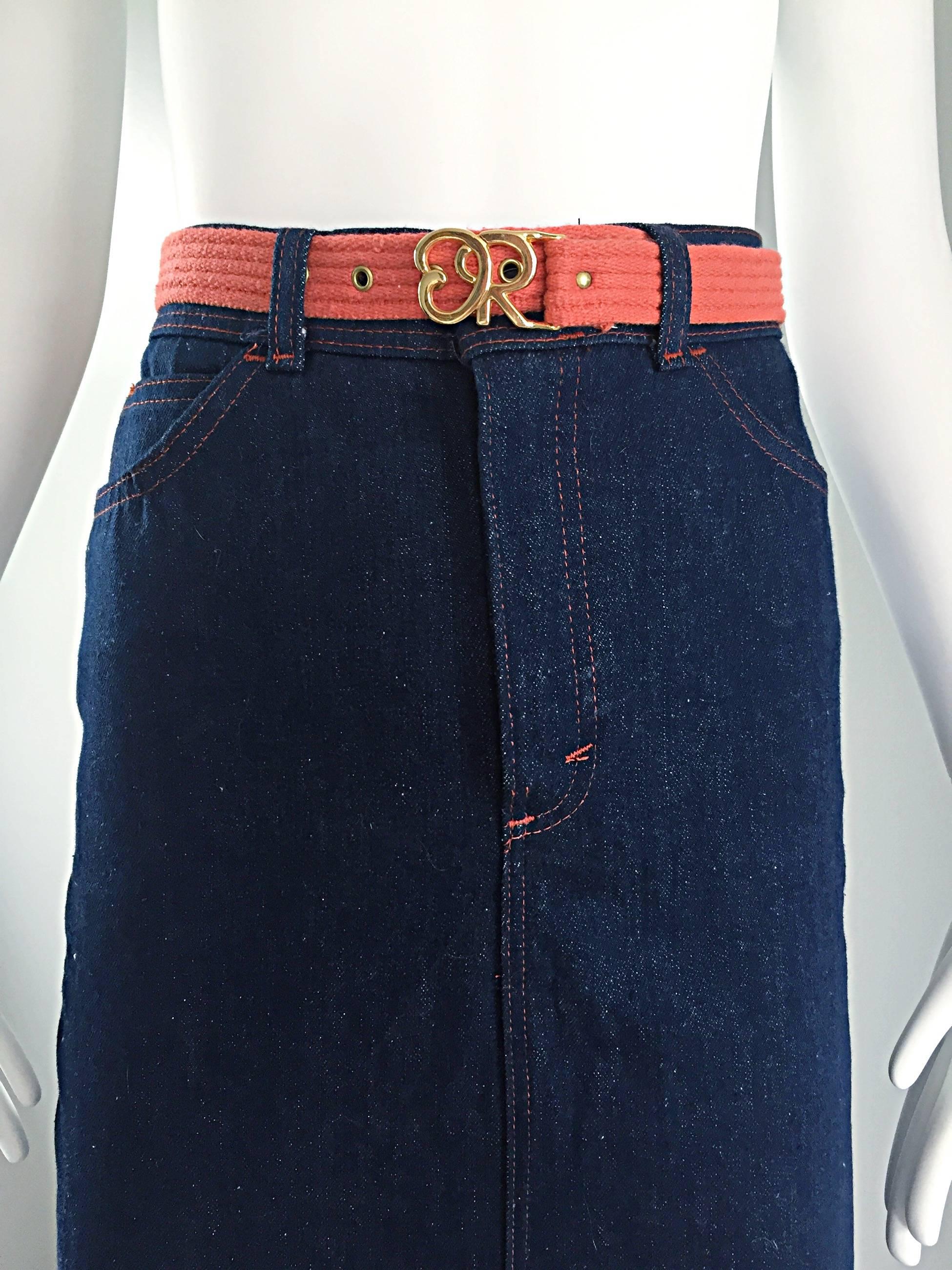 Black 1970s Oscar de la Renta Deadstock Blue Jean Belted Vintage Denim Pencil Skirt For Sale