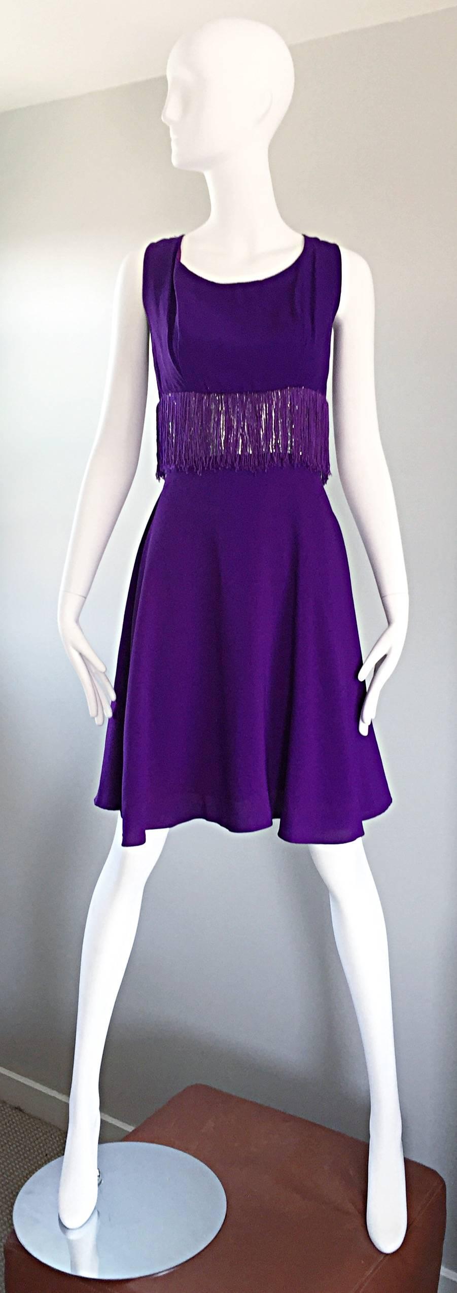 Purple and Silver Metallic 1960s Vintage A - Line Incredible 60s Fringe Dress For Sale 3