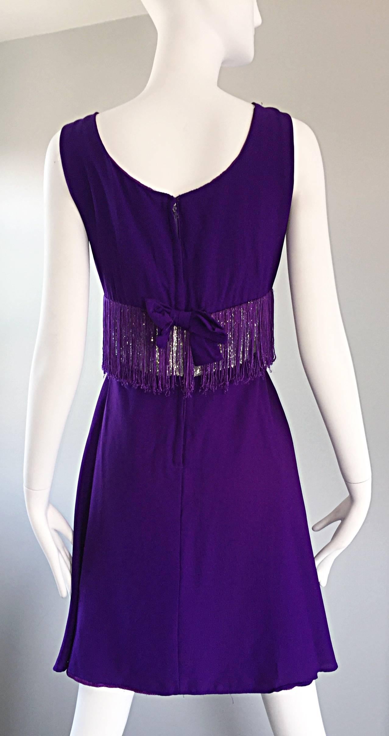 Purple and Silver Metallic 1960s Vintage A - Line Incredible 60s Fringe Dress For Sale 1