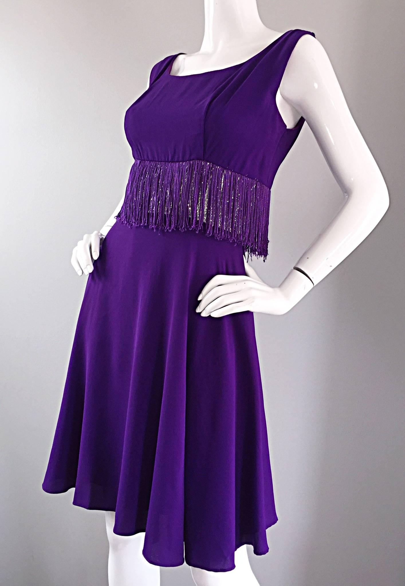 Women's Purple and Silver Metallic 1960s Vintage A - Line Incredible 60s Fringe Dress For Sale