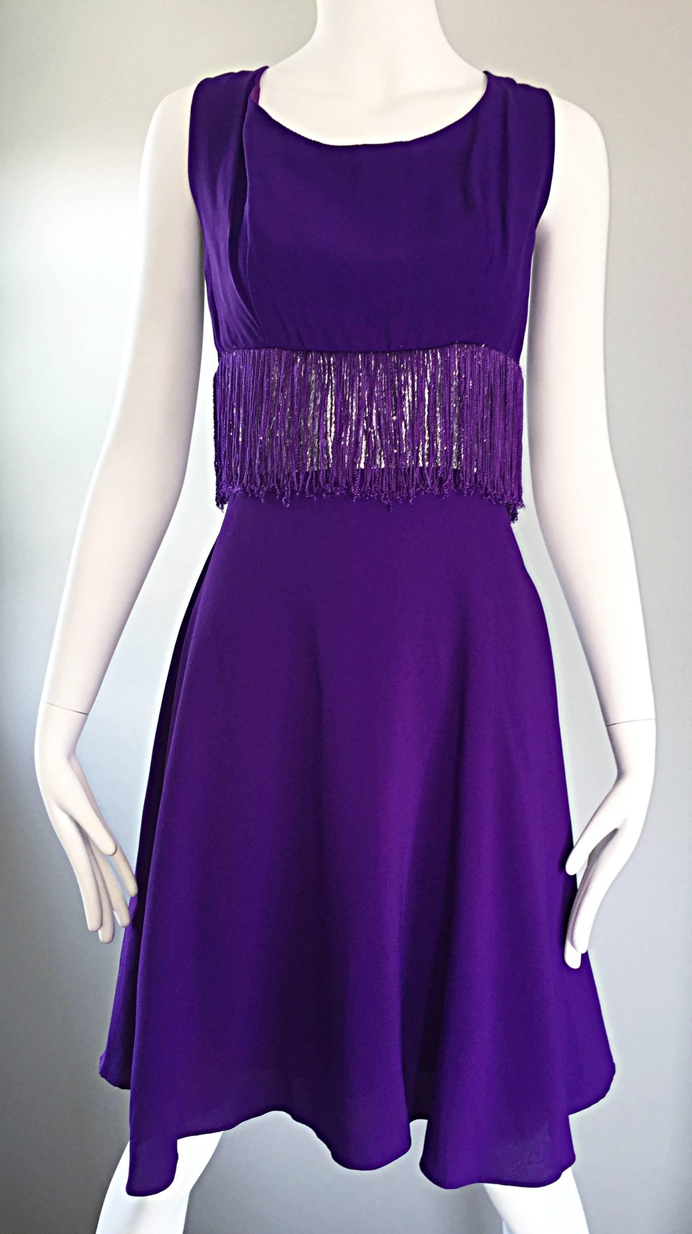 Purple and Silver Metallic 1960s Vintage A - Line Incredible 60s Fringe Dress In Excellent Condition For Sale In San Diego, CA