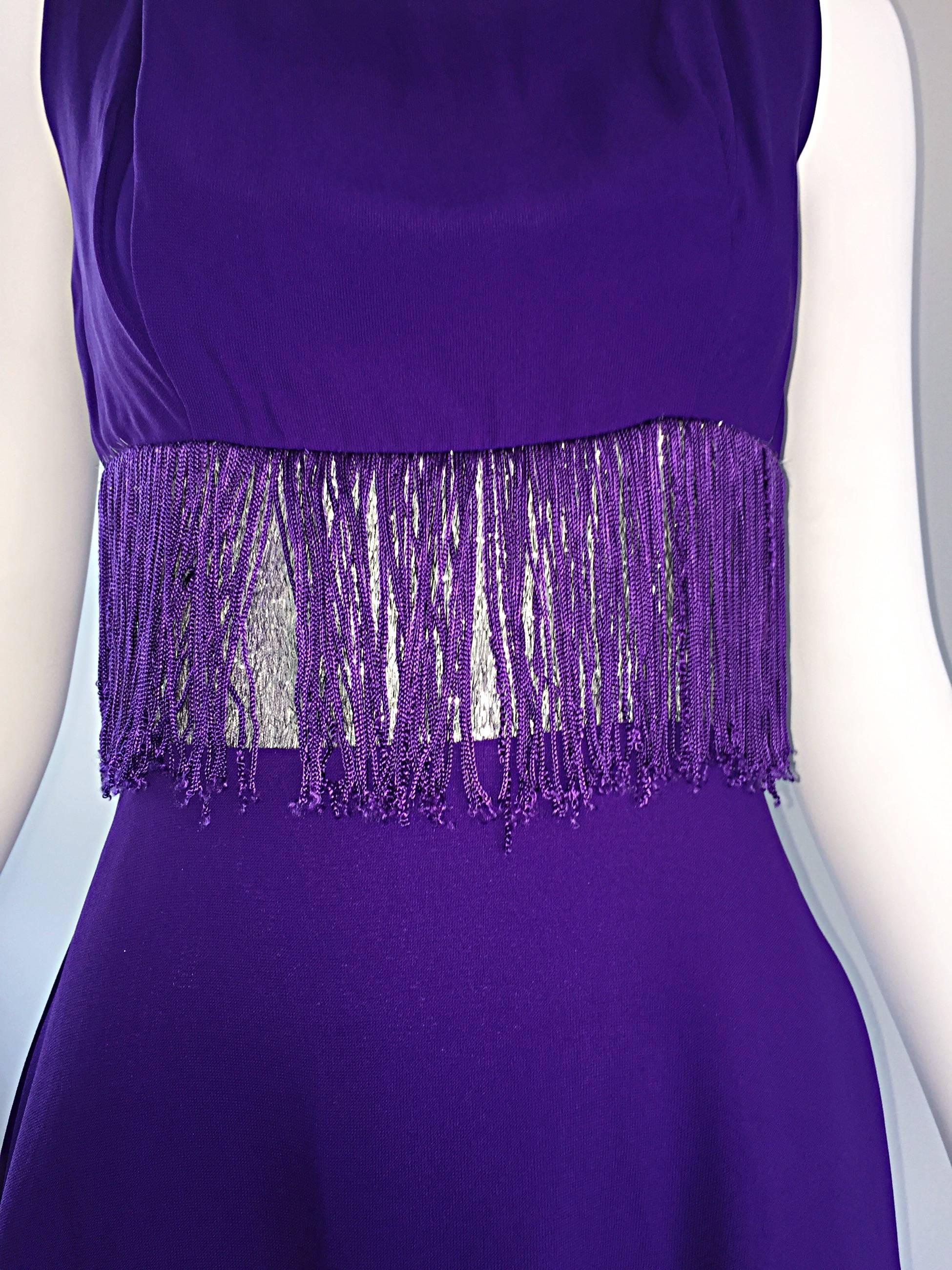 Purple and Silver Metallic 1960s Vintage A - Line Incredible 60s Fringe Dress For Sale 2