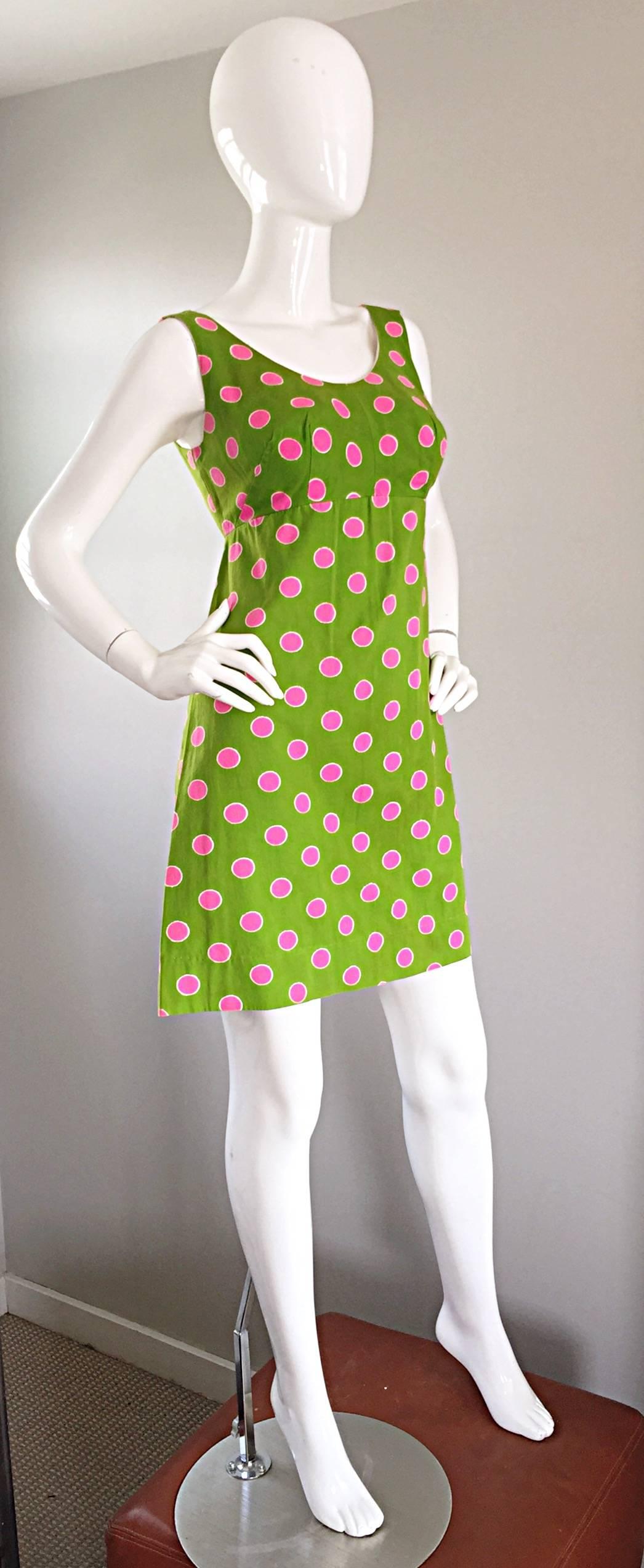 Adorable 1960s Lime Green and Pink Polka Dot Vintage A - Line 60s Cotton Dress For Sale 1