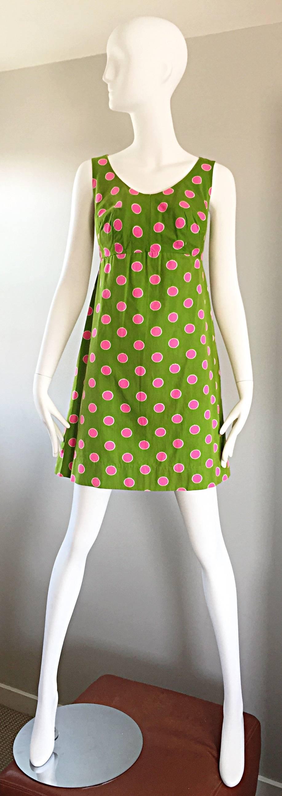 Adorable 1960s Lime Green and Pink Polka Dot Vintage A - Line 60s Cotton Dress For Sale 3