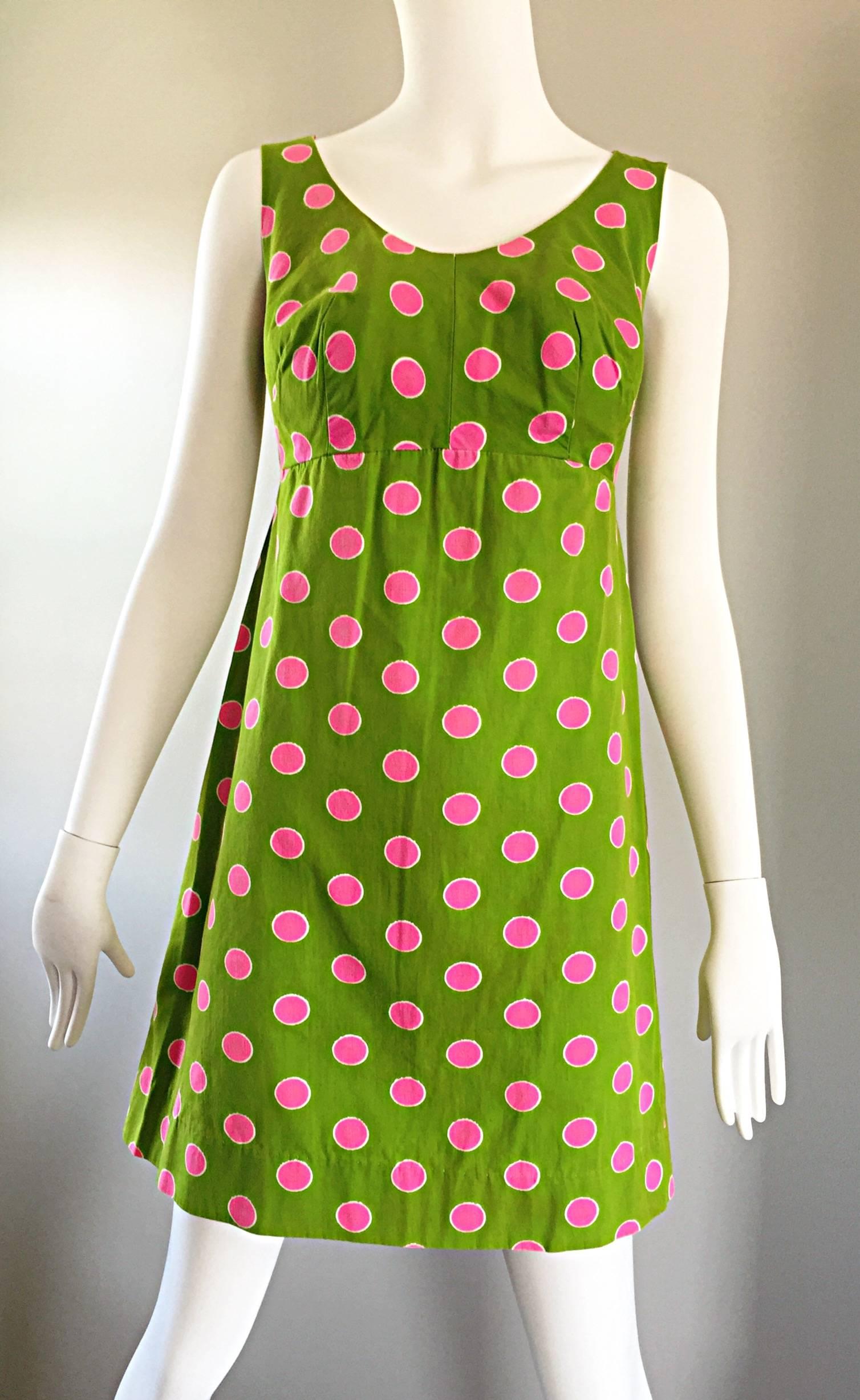 Women's Adorable 1960s Lime Green and Pink Polka Dot Vintage A - Line 60s Cotton Dress For Sale
