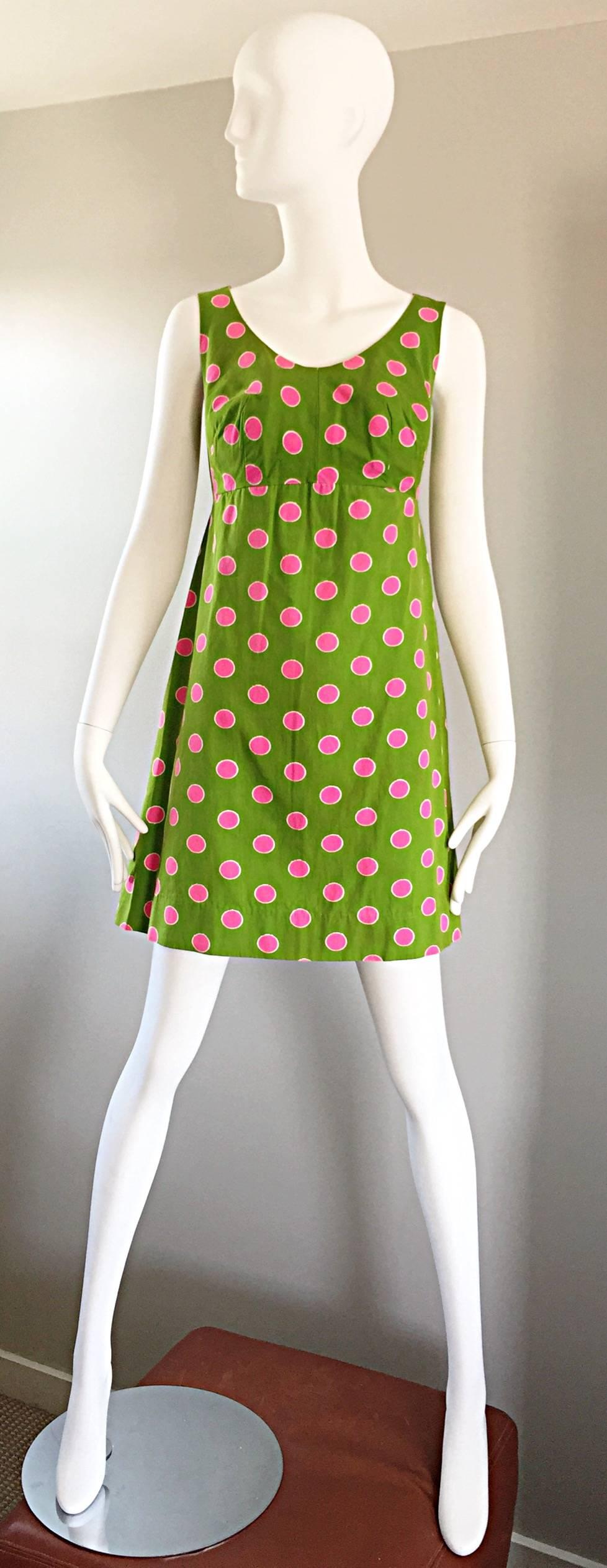 Adorable 1960s Lime Green and Pink Polka Dot Vintage A - Line 60s Cotton Dress In Excellent Condition For Sale In San Diego, CA