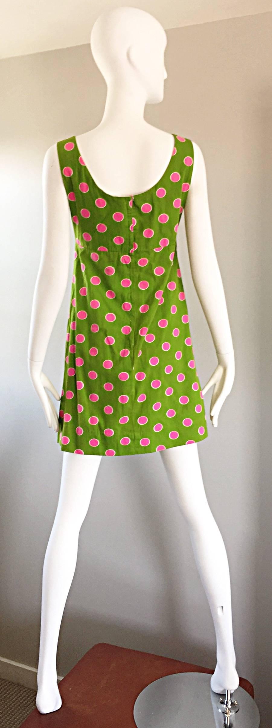 Adorable 1960s Lime Green and Pink Polka Dot Vintage A - Line 60s Cotton Dress For Sale 2