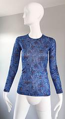 1970s Givenchy Vintage Blusa Ajustada Azul Acuarela Remolinos Blusa