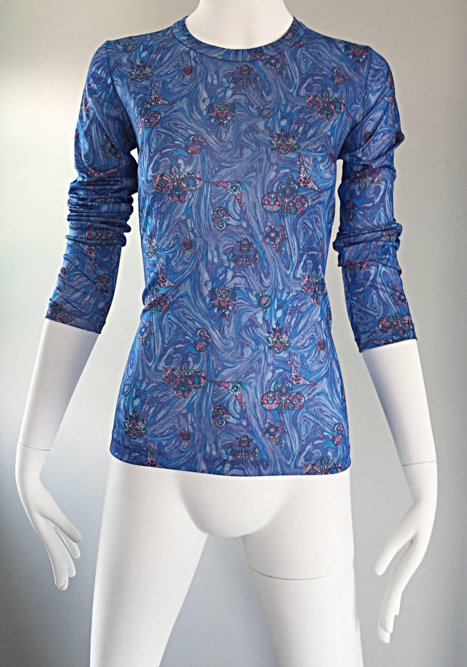 Women's 1970s Givenchy Vintage Fitted Jersey Blue Watercolor Swirls Blouse Top For Sale