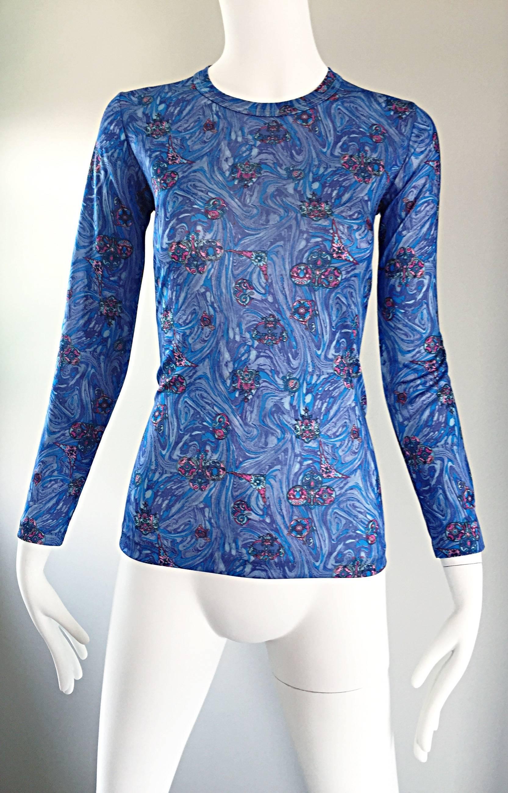 1970s Givenchy Vintage Fitted Jersey Blue Watercolor Swirls Blouse Top For Sale 3