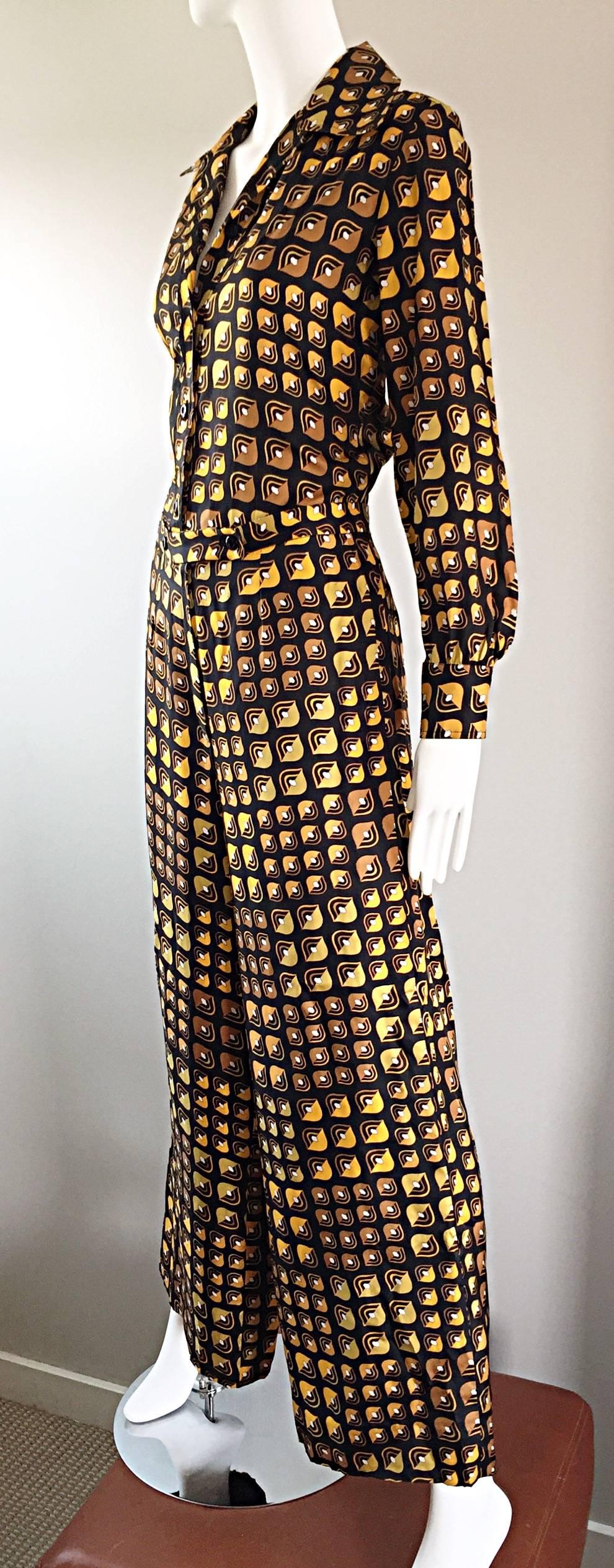 Lanvin Vintage Silk Blouse and Flared Trousers Geometric Yellow Print Rare 1970s 3